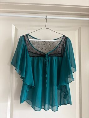Sheer Teal Lace-Trim Flutter Sleeve Blouse